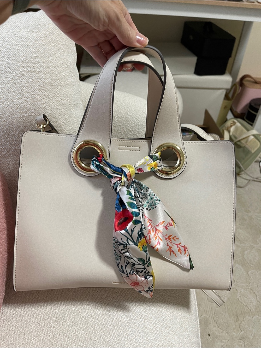 Nanette Lenore Cream Faux Leather Top-Handle Tote with Scarf